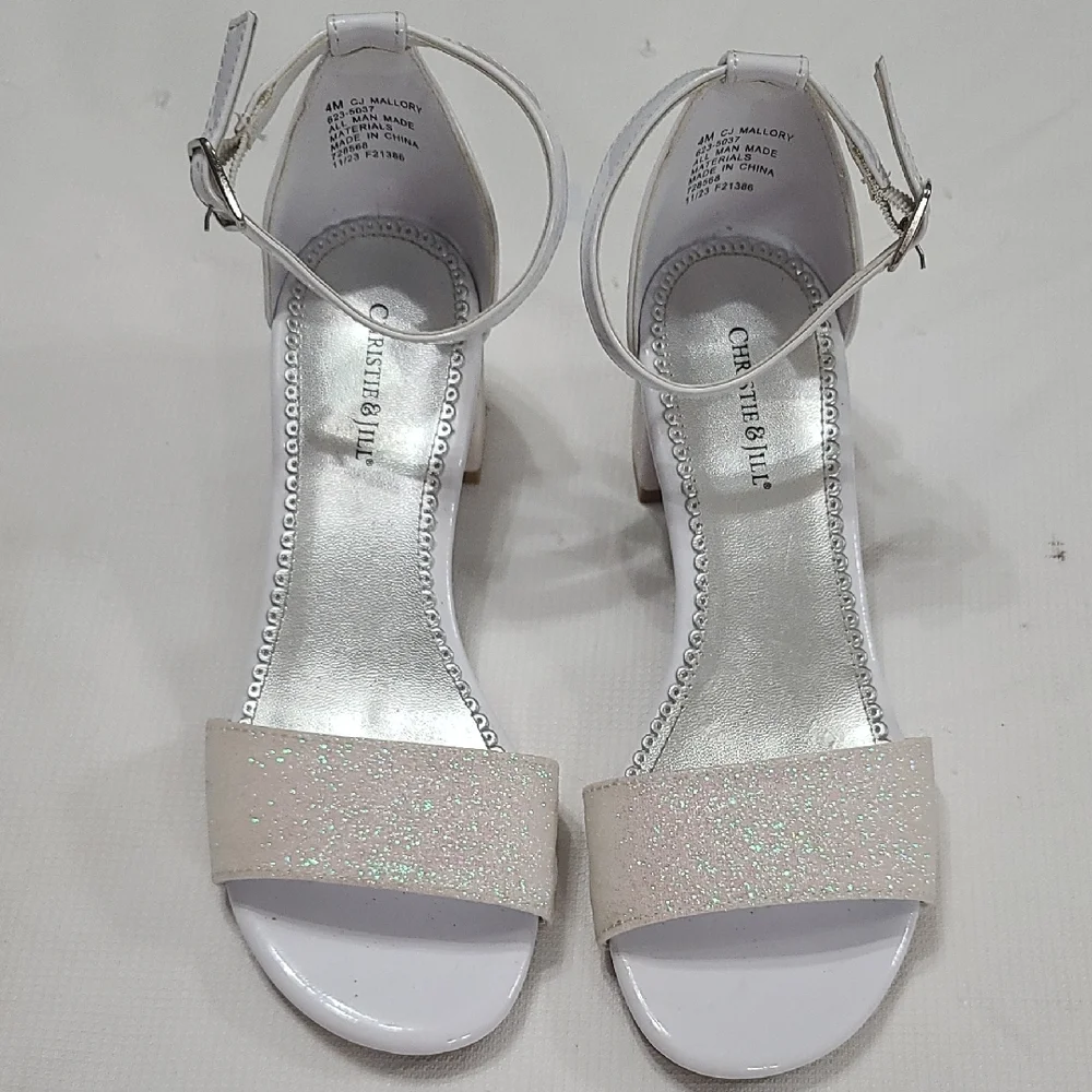 Christie&Jill Girls Sandals White Iridescent Glittery Ankle Strap‎ Heel Sz 4 EUC